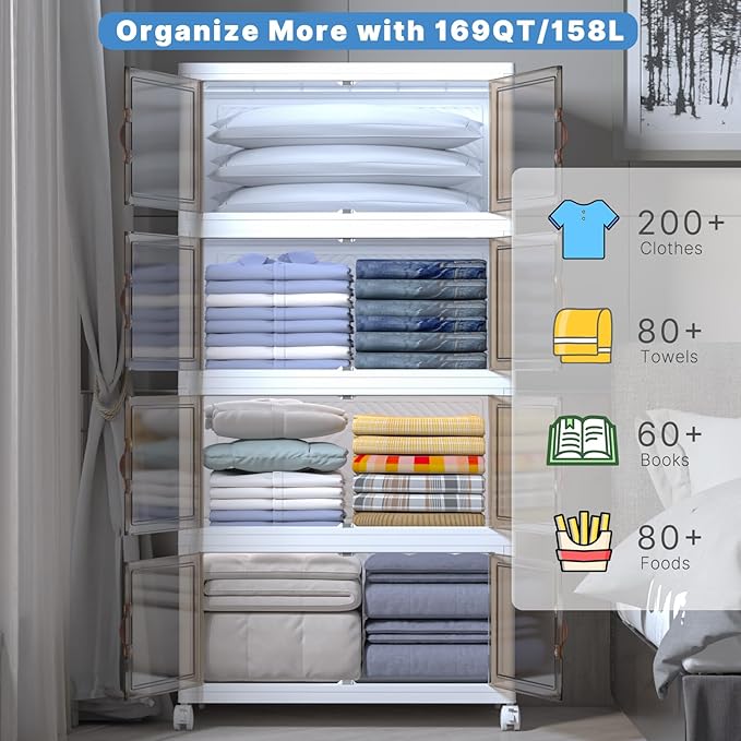 Extra Large Stackable Storage Bins with Lids&Wheels,1320QT-165QT/41GAL*8Pack Collapsible Container Closet Organizers,Plastic Stackable Storage drawers for bedroom Dorm