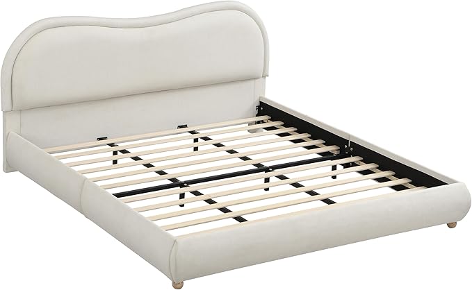 King Size Upholstered Platform Bed Frame, Modern Cloud Bedframe with Headboard, Low Profile Bed Floor Bed Frames with Soft Rounded Corners, No Box Spring Required, Easy Assembly, Chenille Cream