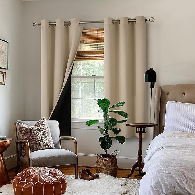 BGment Thermal Insulated 100% Blackout Curtains for Bedroom with Black Liner, Double Layer Full Room Darkening Noise Reducing Grommet Curtain (42 x 63 Inch, Sand, 2 Panels)