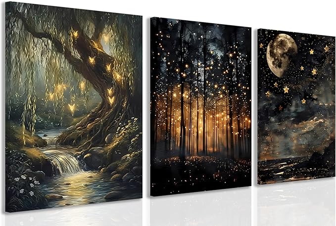 Tranquil Night Forest Framed Canvas Posters Set of 3 Wall art,Moon Fireflies Print Painting Home Décor Artwork,Creates Peaceful Ambiance Painting Artwork for Bedroom Living Room 16x24 inch Wood Framed
