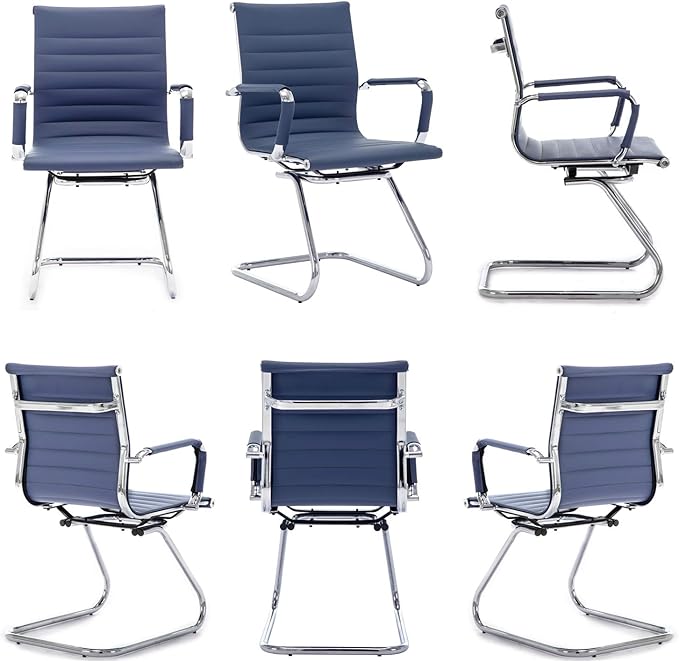 Wahson Office Guest Chairs Set of 8, Leather Reception Chairs, Mid Back Waiting Room Chair, Conference Chairs with Sled Base, Desk Chair No Wheels for Meeting/Lobby/Restroom, Navy Blue