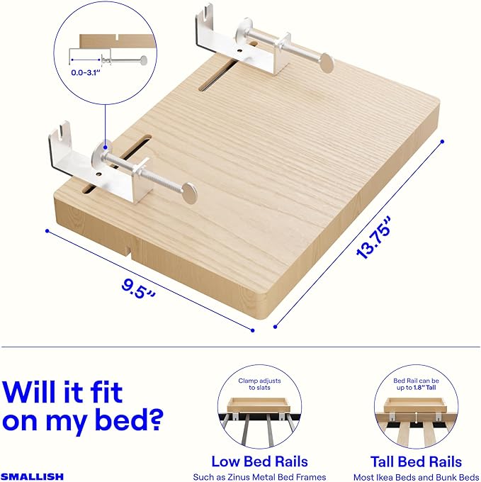 BedShelfie Wood Bedside Shelf for Bunk Bed & Top Bunk, College Dorm Room Essentials, Loft Nightstand, Floating Bed Side Table Tray Storage, Dorm Room Decor by Smallish - (Flexfit Bamboo, Natural)