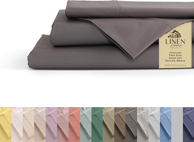Linen Home 100% Cotton Percale Sheets Twin Size, Charcoal, Deep Pocket, 3 Pieces Set - 1 Flat, 1 Deep Pocket Fitted Sheet and 1 Pillowcase, Crisp Cool and Strong Bed Linen