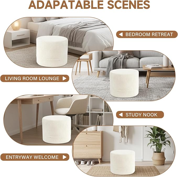 Tiita Round Stuffed Pouf Ottoman, Plush Poufs with Foam Chunk Filling, Foot Rest Stool for Living Room, Cream