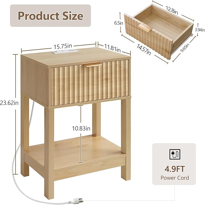 Night Stand Set 2, Fluted Nightstand with Charging Station, Wood Bedside Table with Drawer & Storage Shelf, Modern End Tables for Bedroom Sofa Couch Office, Natural Oak