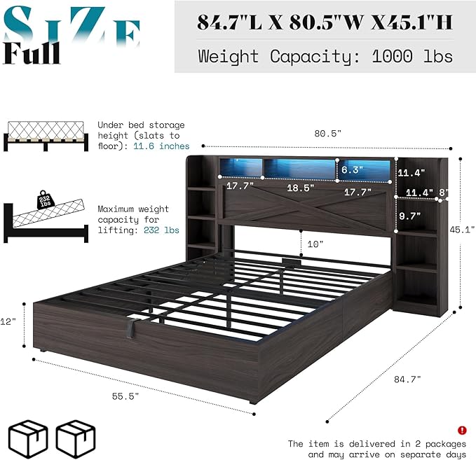 AMERLIFE Full Size Lift Up Storage Bed Frame, 45.1" LED Bed Frame with 2 Side Shelf & Bookcase Headboard, Farmhouse Wood Platform Bed with Charging Station, No Box Spring Needed, Black