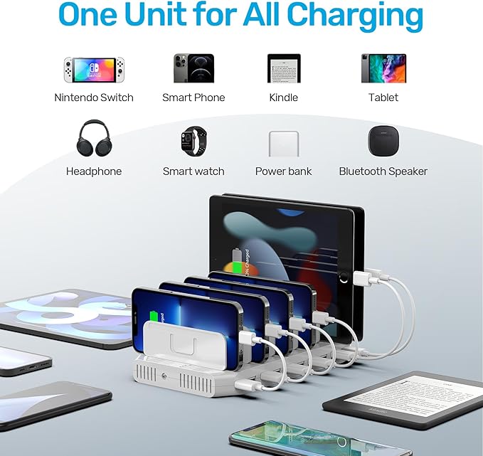 【5PCS】 Unitek Multi Charging Station, 10-Port USB Charger for Multiple Device with SmartIC Tech and Adjustable Dividers, Organizer Stand Compatible with iPad, Tablet, Kindle, iPhone - 5PCS, White