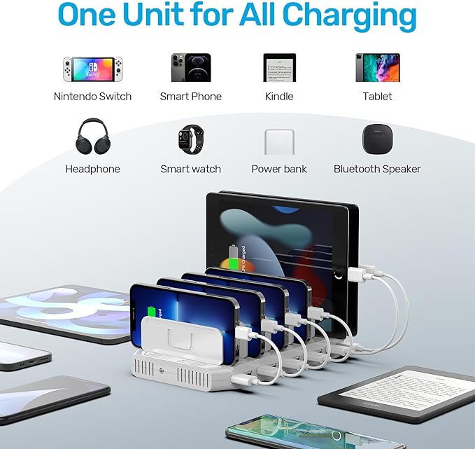 【10PCS】 Unitek Multi Charging Station, 10-Port USB Charger for Multiple Device with SmartIC Tech and Adjustable Dividers, Organizer Stand Compatible with iPad, Tablet, Kindle, iPhone - 10PCS, White
