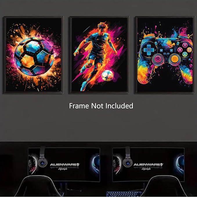 Canvas Wall Art Poster Decor, Paintings Art Game Controller Color Splash Ink Canvas Painting, Posters for Room Aesthetic, Soccer Wall Art for Boys Room Decor 16x24 - Unframed Set of 3