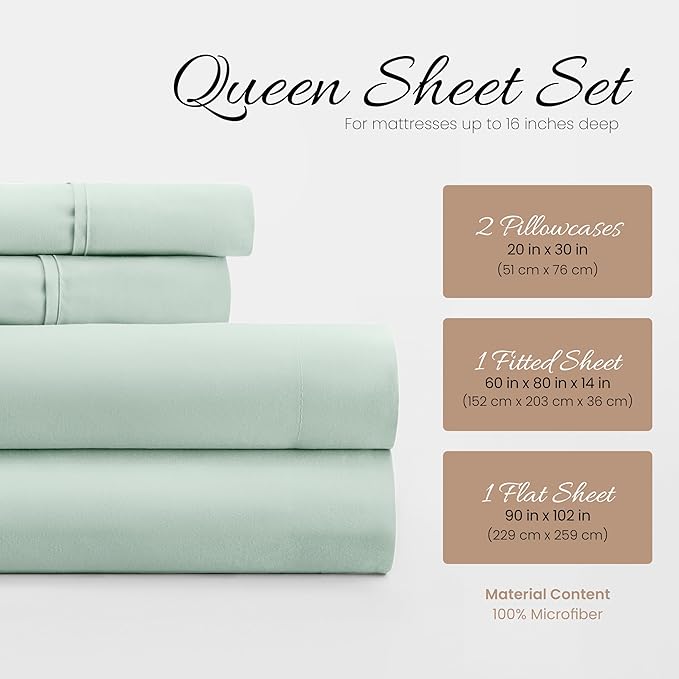 Linen Market Double-Brushed Microfiber Queen Sheet Set 4 Piece – Oeko-TEX Certified Ultra Soft & Wrinkle-Free - 16" Deep Pocket Sheets - Easy Care Queen Size - Mint