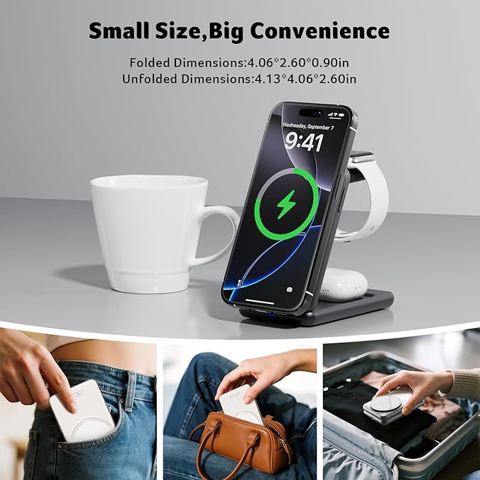Acer 3 in 1 Charging Station for iPhone, Wireless Charger Stand,15W Fast MagSafe Charger for iPhone 17 16 15 14 13 12 Series-Apple Watch 10 9 8 7 6 5 4 3 2 SE and Ultra Series-Airpods 4 3 2 Pro Series