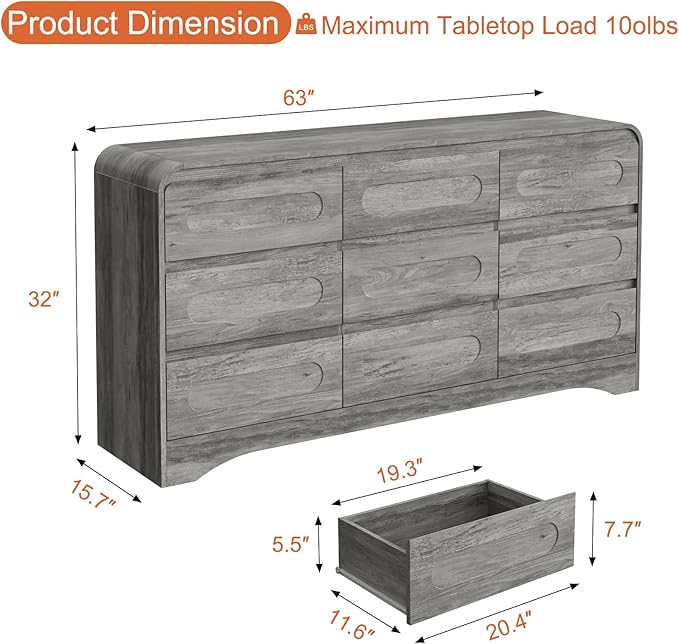 Grey Dresser for Bedroom with 9 Drawers, 63" Large Modern Dressers & Chest of Drawers with Curved Profile Design, Wood Closet Clothes Storage Long Dressers Organizer for Bedroom Living Room Hallway