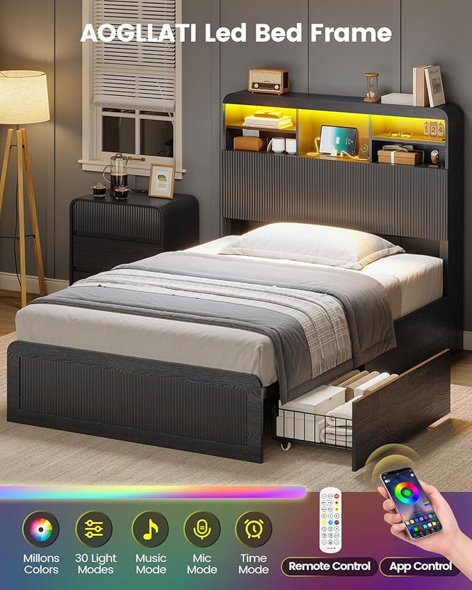 AOGLLATI Twin Bed Frames with 4 Storage Drawers and Hidden Storage Headboard, Black Led Fluted Twin Bed with Charging Station and Curved Profile Design, Noiseless,No Box Spring Needed, Black