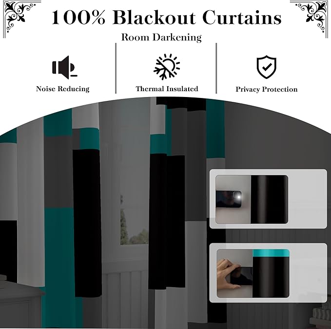 Teal/Turquoise 100% Blackout Curtains 45 inch Length 2 Panels Set Black White Grey Modern Abstract Geometric Drapes for Kitchen Curtains Insulated Room Darkening Small Window Curtains, 42Wx45L