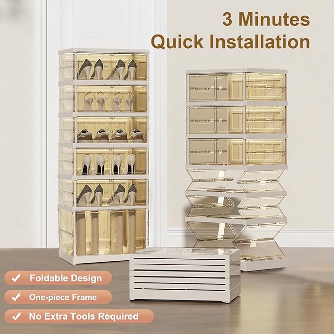 Shoe Rack Organizer for Closet Entryway Foldable Sneaker Storage Shoe, Collapsible Shoe Cabinet, Stackable Shoe Storage Cabinet with Lids for Living Room (6 Tiers -12 Pairs Transparent)