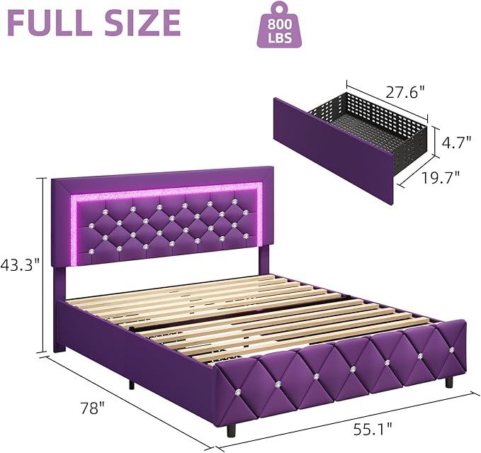 BarnFurin Full Size Bed Frame with Headboard, Faux Leather Upholstered Bed with Diamond Tufted Design, Mordern Bed Frame with Wooden Slats Suppor, No Box Spring Required, Easy Assembly, Purple