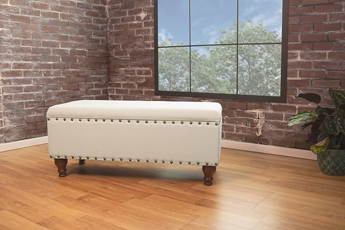 HomePop Large Storage Bench with Nailhead Trim - Cream