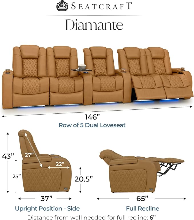 Seatcraft Diamante Zero-Gravity CoolZero Italian Leather Home Theater Seating, Power Headrest, Power Recline, Row of 5 Dual Loveseats, Tan Oak