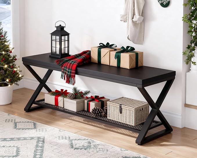 LVB Black Bench, Industrial Entryway Bench with Storage, Indoor Wood and Metal Storage Bench for Living Room Bedroom, Accent Shoe Rack Seating Bench for Hallway Foyer Entrance, Black Oak, 47 inch