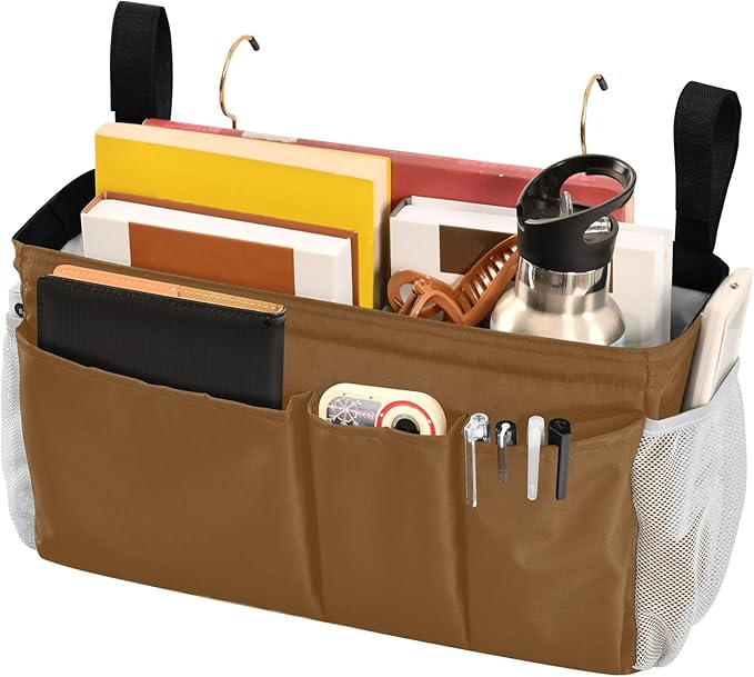 KOPIRIT Brown Bedside Caddy Storage Bag Bedside Organizer for Bunk Bed Headboards College Organizer Caddy Hanging Shelf 6 Pockets with Hooks for Drinks Magazine Phone Holder