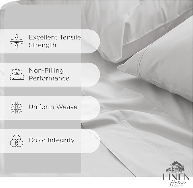 Linen Home 100% Cotton Percale Sheets Twin XL Size, Silver, Deep Pocket, 3 Pieces Set - 1 Flat, 1 Deep Pocket Fitted Sheet and 1 Pillowcase, Crisp Cool and Strong Bed Linen