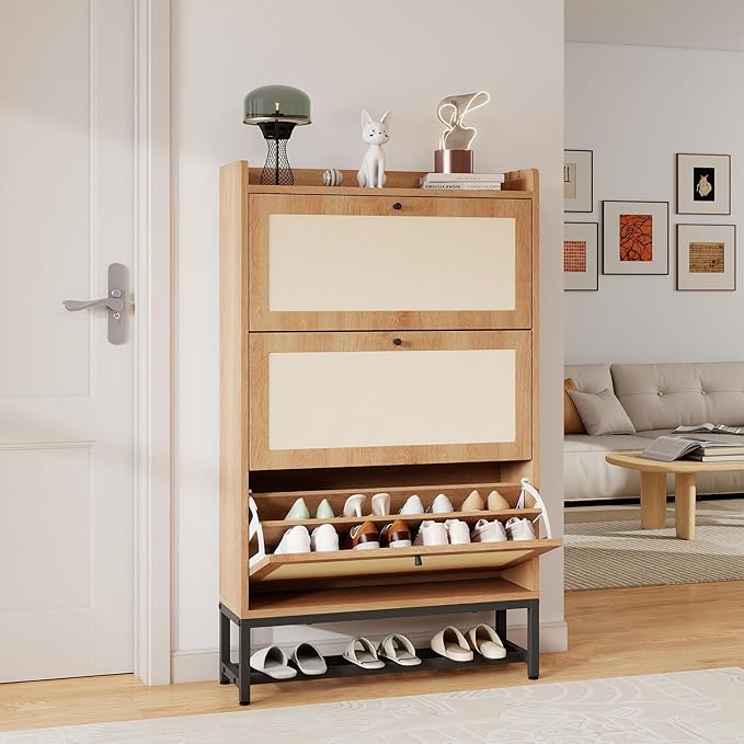 Slim Entryway Shoe Storage Cabinet with 3 Flip Drawers, Modern Freestanding Shoes Organizer Holds 16-20 Pairs, Closed Shoe Storage for Hallway, Foyer - Space-Saving Wood Shoe Cabinet