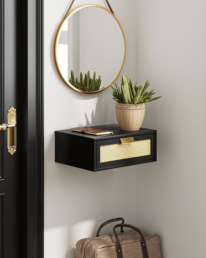 Floating Nightstand, Floating Shelf with Drawer, Wall Mounted Nightstand, Floating Bedside Table (Black Rattan)