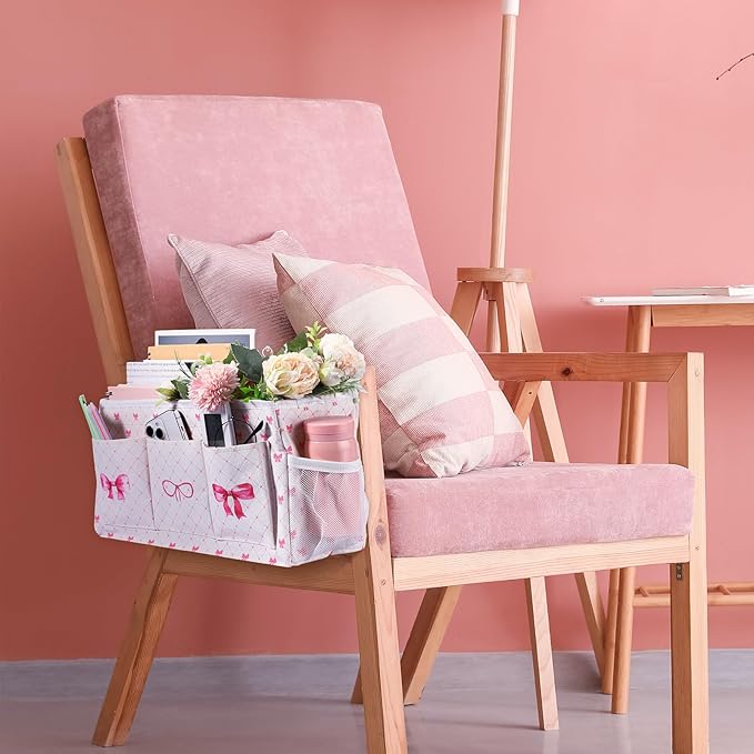 Pink Bow Bedside Caddy, Cute Bow Bedside Organizer, Pink Coquette Aesthetic Hanging Storage Caddy Bag with Fixed Strap and Water Bottle Holder for Home, College, Dorm, Bunk, Hospital, Bed Rail