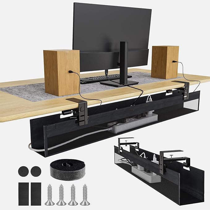 No Drill Under Desk Cable Management Tray, Nonkky Cable Management Under Desk, 40.2" Fabric Cord Hider - Clamp/Screw Mount, Cord Organizer for Office, Home - Supports Up to 40lbs