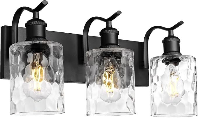 Bathroom Vanity Light Fixtures Over Mirror 3-Light Hammered Glass Wall Mounted Modern Black - VL01BKH-3