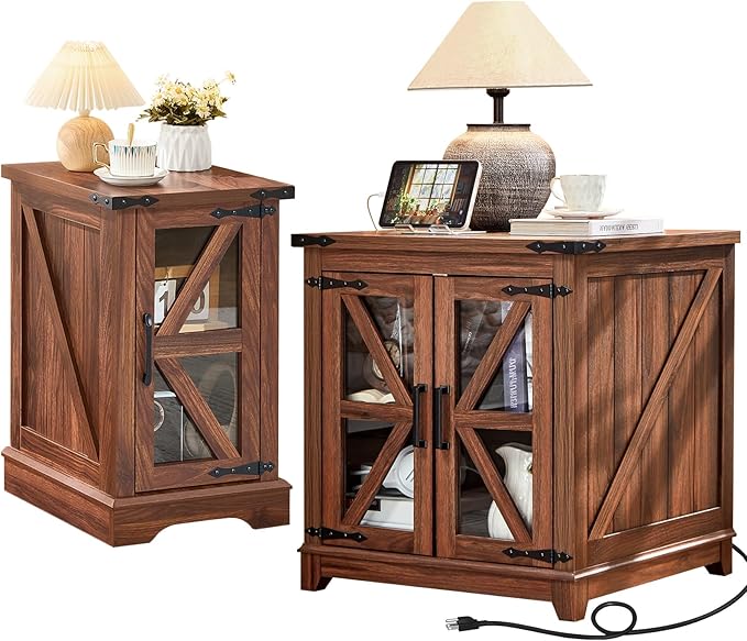 Farmhouse End Table Set 2, Narrow 18'' Night Stand with Glass Barn Door, 24" Square Side Table with Charger Station, Living Room Furniture Sets, Wood Nightstand Bedside Tables for Bedroom
