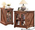Farmhouse End Table Set 2, Narrow 18'' Night Stand with Glass Barn Door, 24" Square Side Table with Charger Station, Living Room Furniture Sets, Wood Nightstand Bedside Tables for Bedroom
