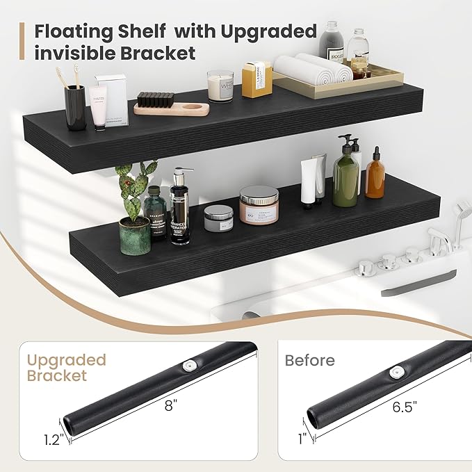 Heimlove 12 Inch Deep Floating Shelves, 12 x 12 inches Long Wall Shelf, Large Extra Display Shelf & Storage Shelf, Rustic Wood Wall Shelves for Fireplace Mantel, Black - 2Pack