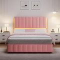 Pink Queen Bed Frame with Headboard and LED Lights, Modern Upholstered Faux Leather Platform Bed with Wooden Slats Support, No Box Spring Needed, Easy Assembly, Pink
