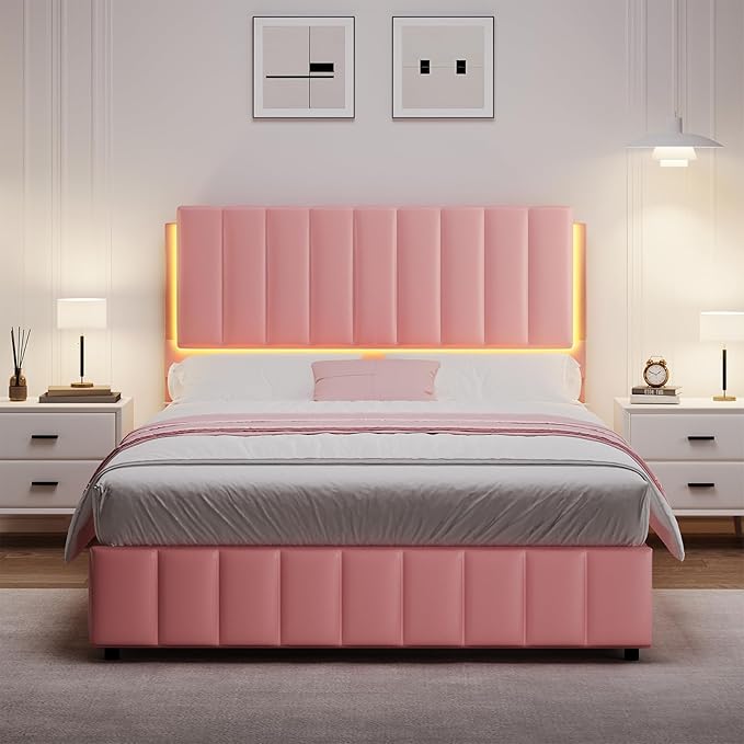 Pink Queen Bed Frame with Headboard and LED Lights, Modern Upholstered Faux Leather Platform Bed with Wooden Slats Support, No Box Spring Needed, Easy Assembly, Pink