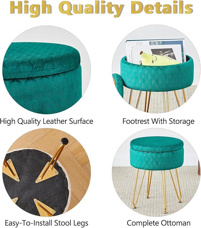 Cpintltr Velvet Storage Ottoman Round Footrest Stool Multifunctional Upholstered Ottoman Modern Accent Vanity Stools Tray Top Coffee Table Suitable for Living Room Bedroom Entryway Emerald
