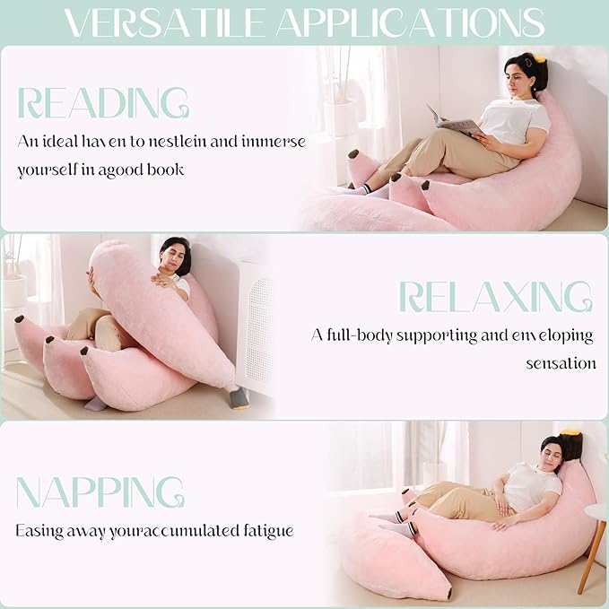 Banana Bean Bag Chair with Ottoman, Floor Sofa Bed with Footrest, Comfy Convertible Lounger for Adults, Plush Couch for Bedroom, Living Room or Dorm, L-Pink