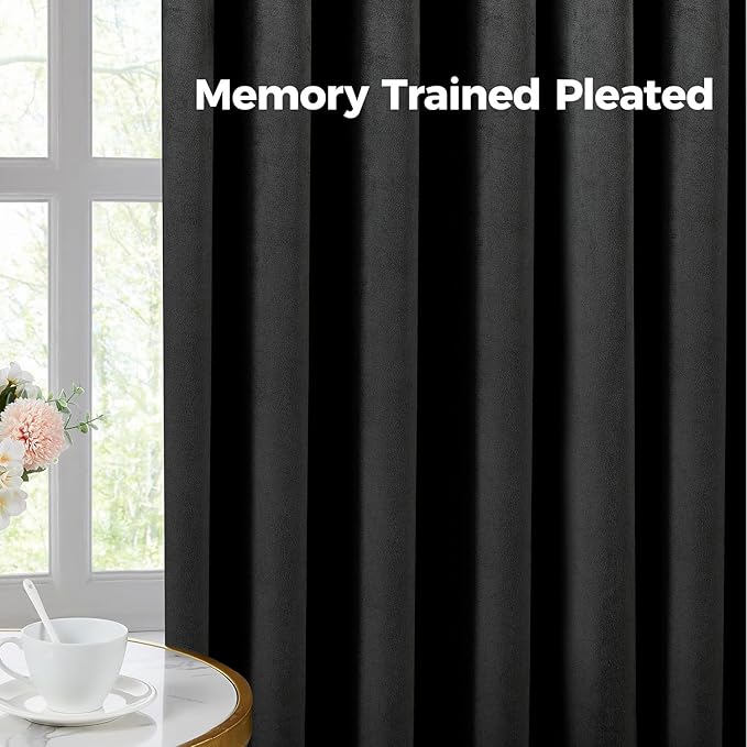 Pinch Pleated 100% Blackout Curtains for Bedroom, Black Velvet Curtains for Living Room, Black Out Curtain 108 inch Long Room Darkening, Blackout Pinch Pleat Drapes with Hooks 2 Panels
