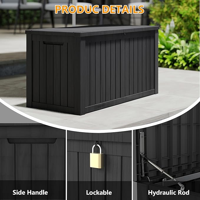 270 Gallon Resin Deck Box, Waterproof Outdoor Storage Box, Lockable for Patio Furniture, Garden Tools, Pool Accessories, UV-Resistant for All Weather Use, Black