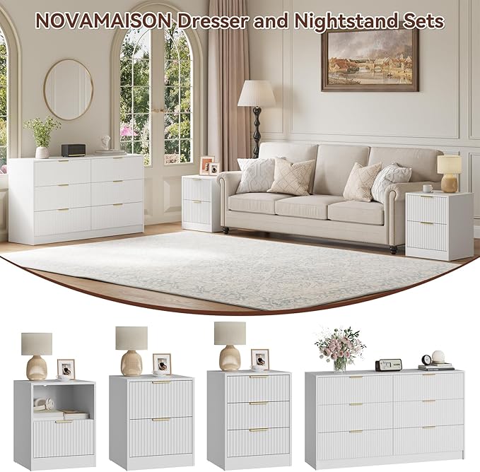 6 Drawer Dresser and Nightstand Set 3-Piece, 55” Wide Bedroom Dressers & Night Stand Set of 2 with Metal Handle, Fluted Modern Wood Chest of Drawers Storage Dressers Set for Bedroom, White