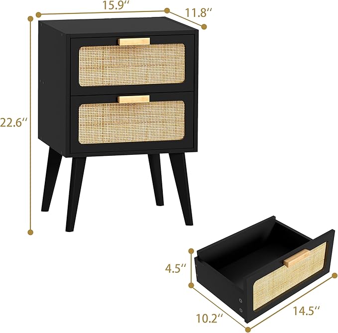 YAUKOMEL Rattan Nightstand, Wood End Table, Side Table with 2 Hand Made Rattan Decorated Drawers,Boho Bedside Table,Wood Accent Table with Storage for Livingroom, Bedroom, Black CTG59B