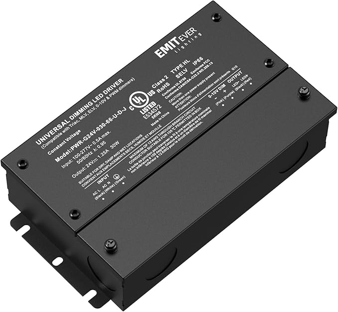 EMITEVER 30W Dimmable LED Driver, 24V Triac Dimmable Power Supply, AC to DC Transformer for LED Light, Compatible with Lutron and Leviton Dimmer, Waterproof IP67 and UL Listed, Class 2