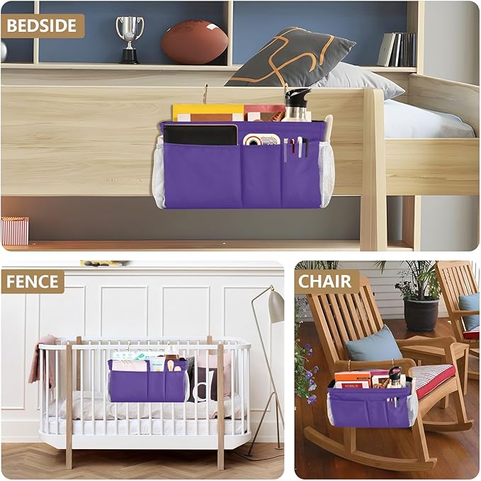 KOPIRIT Dark Purple Bedside Caddy Storage Bag Bedside Organizer for Bunk Bed Headboards College Bedside Shelf Hanging Organizer 6 Pockets with Hooks for Magazine Water Bottle Holder