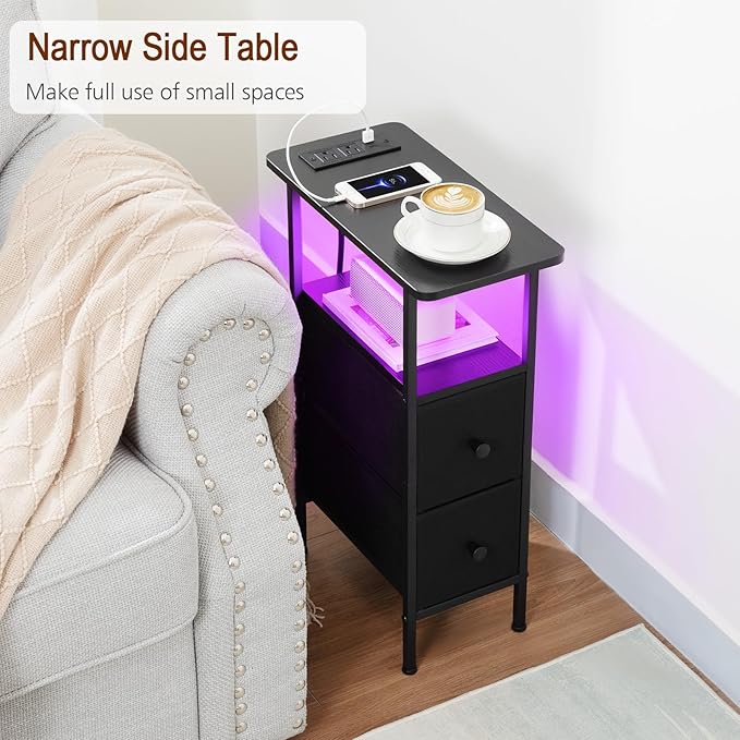 LOAKEKEL Narrow End Table Living Room with Charging Station, Skinny Side Table with Fabric Drawers, Slim LED Nightstand for Bedroom, Small Spaces, Couch, Black, HETNDP02LBK-1