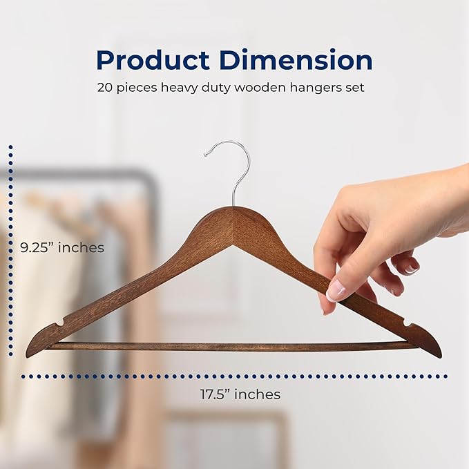 SereneLife 20-Pack Wooden Clothes Hangers – Vintage Finish Coat Hangers with 360° Chrome Swivel Hook, Non-Slip Notches, Pants Bar – Heavy Duty for Suits, Dresses, Jackets, and Shirts