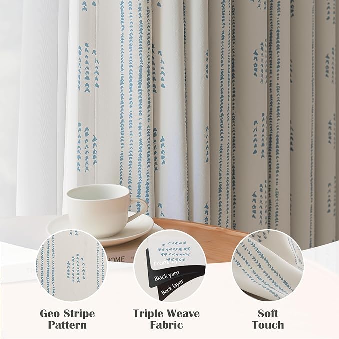 100% Boho Blackout Curtains 72 Inches Long for Bedroom, Blue on Beige Patterned Bohemian Curtains for Living Room, Geometric Striped Thermal Insulated Window Drapes Gromment Top 2 Panels