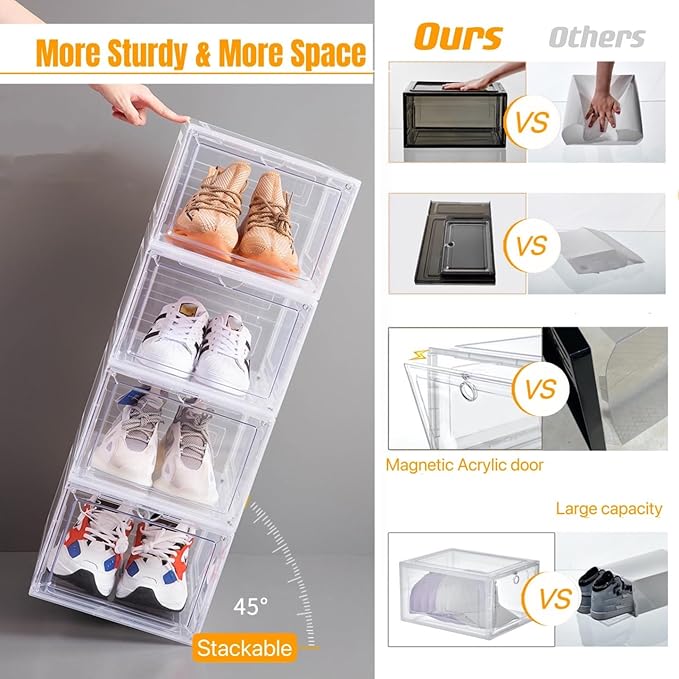 Attelite Upgraded Shoe Storage Box 9 Pack Shoe Box Clear Plastic Stackable X-Large Drop Front Shoe Box with Clear Magnetic Door,Shoe Organizer and Shoe Containers For Sneaker Display