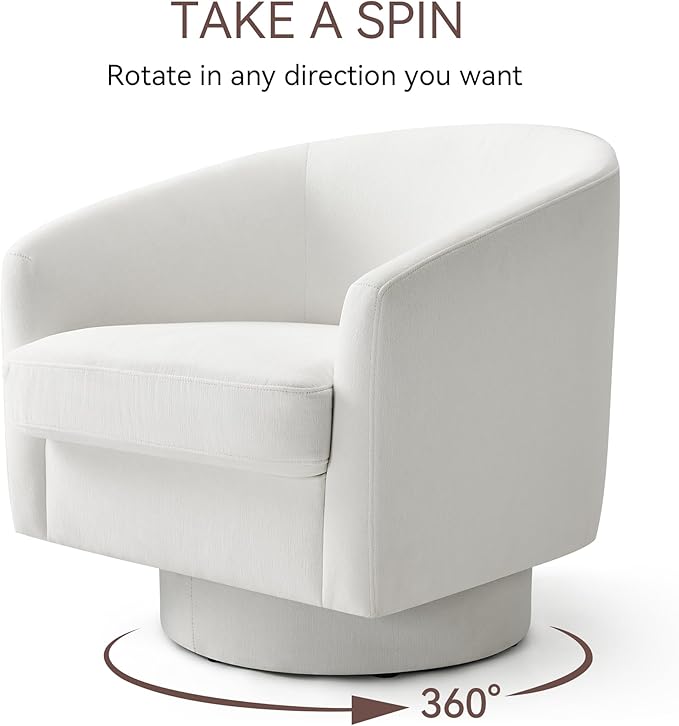 Swivel Barrel Accent Chair, Round Chenille Fabric Living Room Arm Chairs, Modern Upholstered Comfty Reading Nook Chairs for Bedroom, Small Club Armchair, Single Sofa Side Chair, White