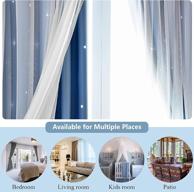 Star Curtains, Blue Blackout Curtains, 52"W x 63"L, 2 Panels, Bedroom & Living Room