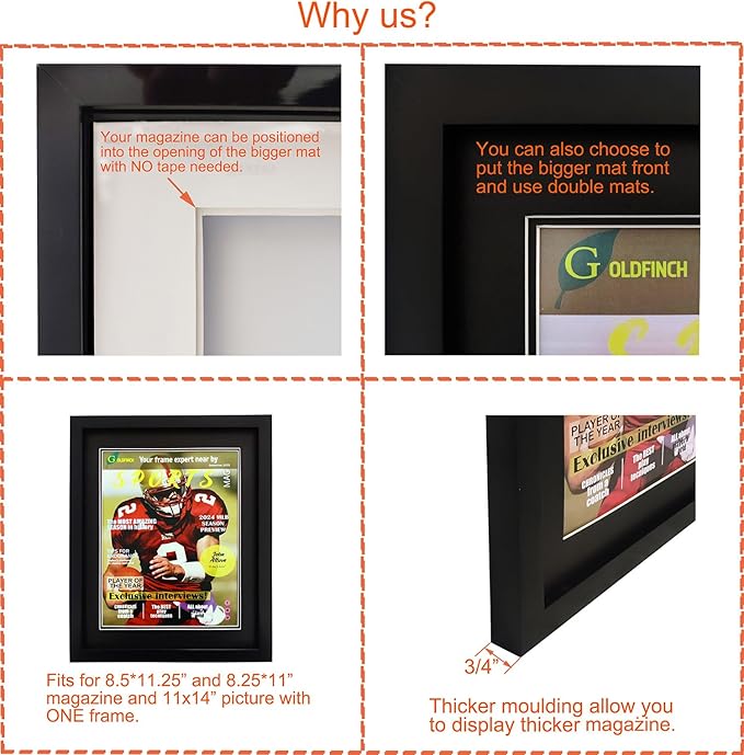 Goldfinch 4 Packs Sports Magazine Frames Displays Magazines Measuring 8.5 x 11.25 or 8.25 x 11 inches with Double White Core Matting, Deep Frame Moulding, with Installed Hangers